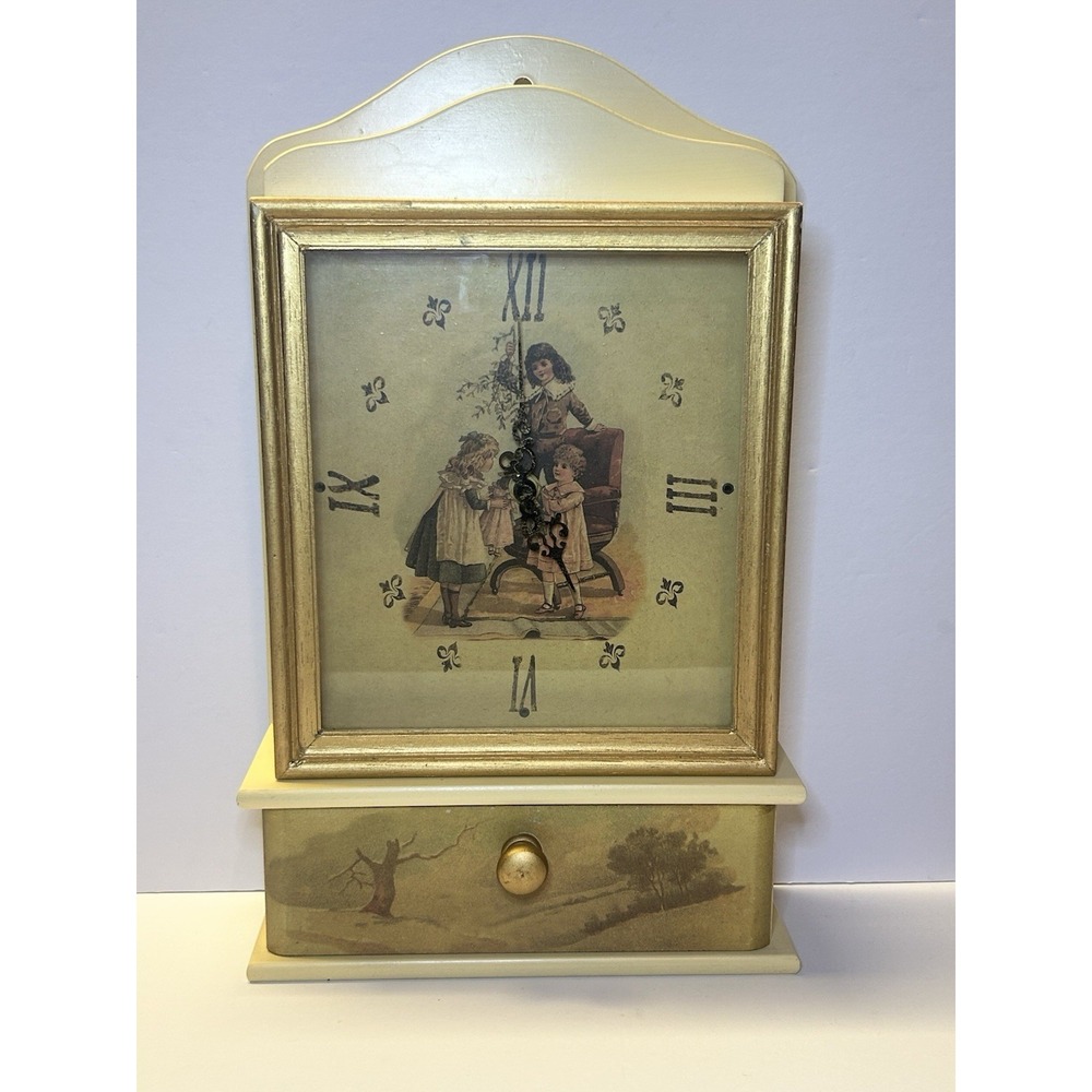 Vintage‎ Victorian Style Wood Wall Clock Key Cabinet Storage Drawer Cream Gold